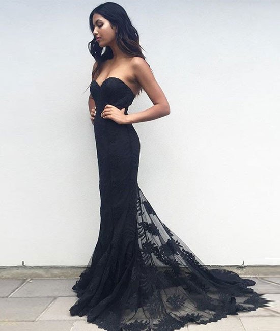 Prom Dresses, Black Sweetheart Neck Lace Train Long Prom Dress, Black Evening Dress