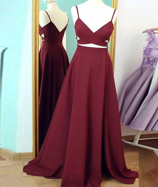 Prom Dresses, Simple V Neck Burgundy Long Prom Dress, Burgundy Evening Dress