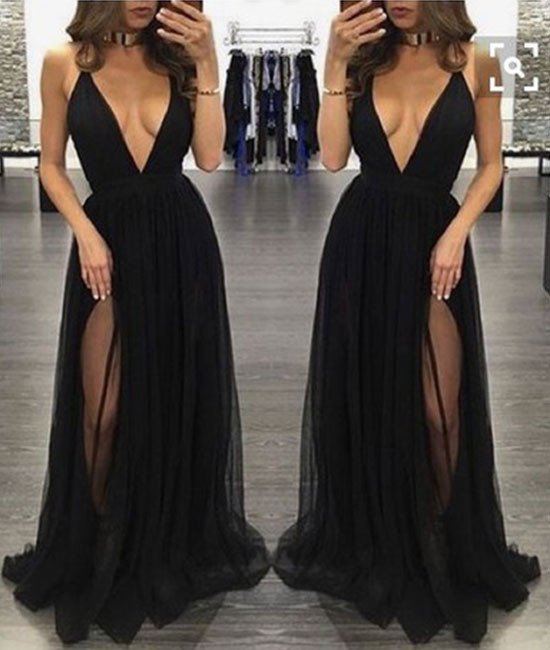 Prom Dresses, Simple V Neck Chiffon Long Prom Dress, Black Evening Dress