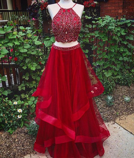 Prom Dresses, Red Two Pieces Sequin Long Prom Dress, Evening Dress