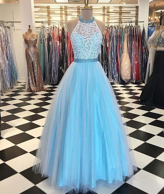 Prom Dresses,blue High Neck Lace Tulle Long Prom Dress, Blue Evening Dress