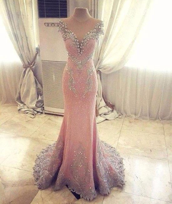 Prom Dresses,custom Made Pink Round Neck Beaded Long Prom Dress, Formal Dress