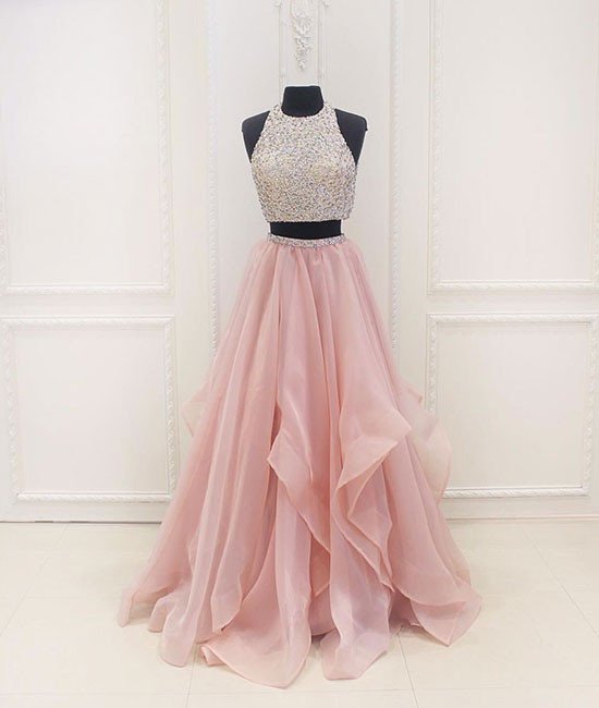 Prom Dresses,unique Two Pieces Sequin Pink Long Prom Dress, Evening Dress