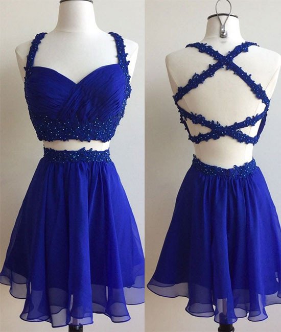 Homecoming Dresses,royal Blue Two Pieces Lace Short Prom Dress, Cute Homecoming Dress