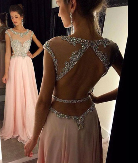 Prom Dresses,a-line Round Neck Sequin Long Pink Prom Dress, Formal Dress