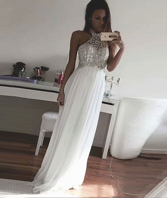 Prom Dresses,a-line Sequin Chiffon White Long Prom Dress, Formal Dress