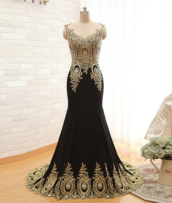 Prom Dresses, Black Round Neck Lace Applique Long Prom Dress, Black Evening Dress