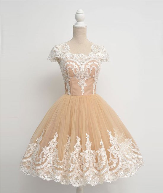 Homecoming Dresses,champagne Tulle Lace Short Prom Gown, Homecoming Dress, Bridesmaid Dress