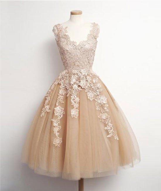Homecoming Dresses,champagne Tulle Lace Applique Short Prom Dress, Homecoming Dress