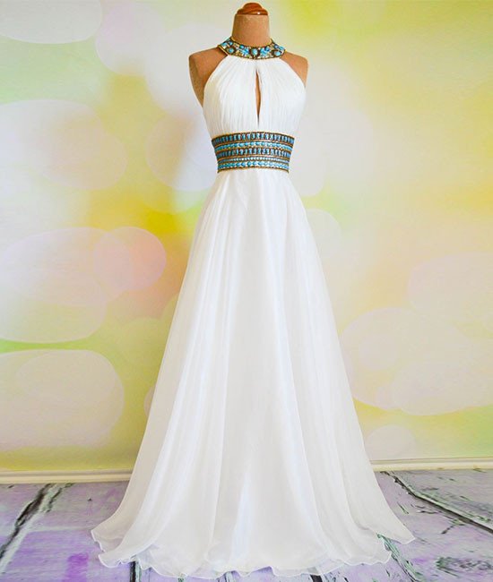 Prom Dresses,white A-line Rhinestone Backless Long Prom Dress, Evening Dresses