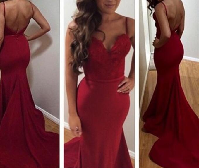 Elegant Burgundy Backless Straps Mermaid Spandex Prom Dress With Lace Applique, Prom Dresses 2017, Wine Red Mermaid Gowns