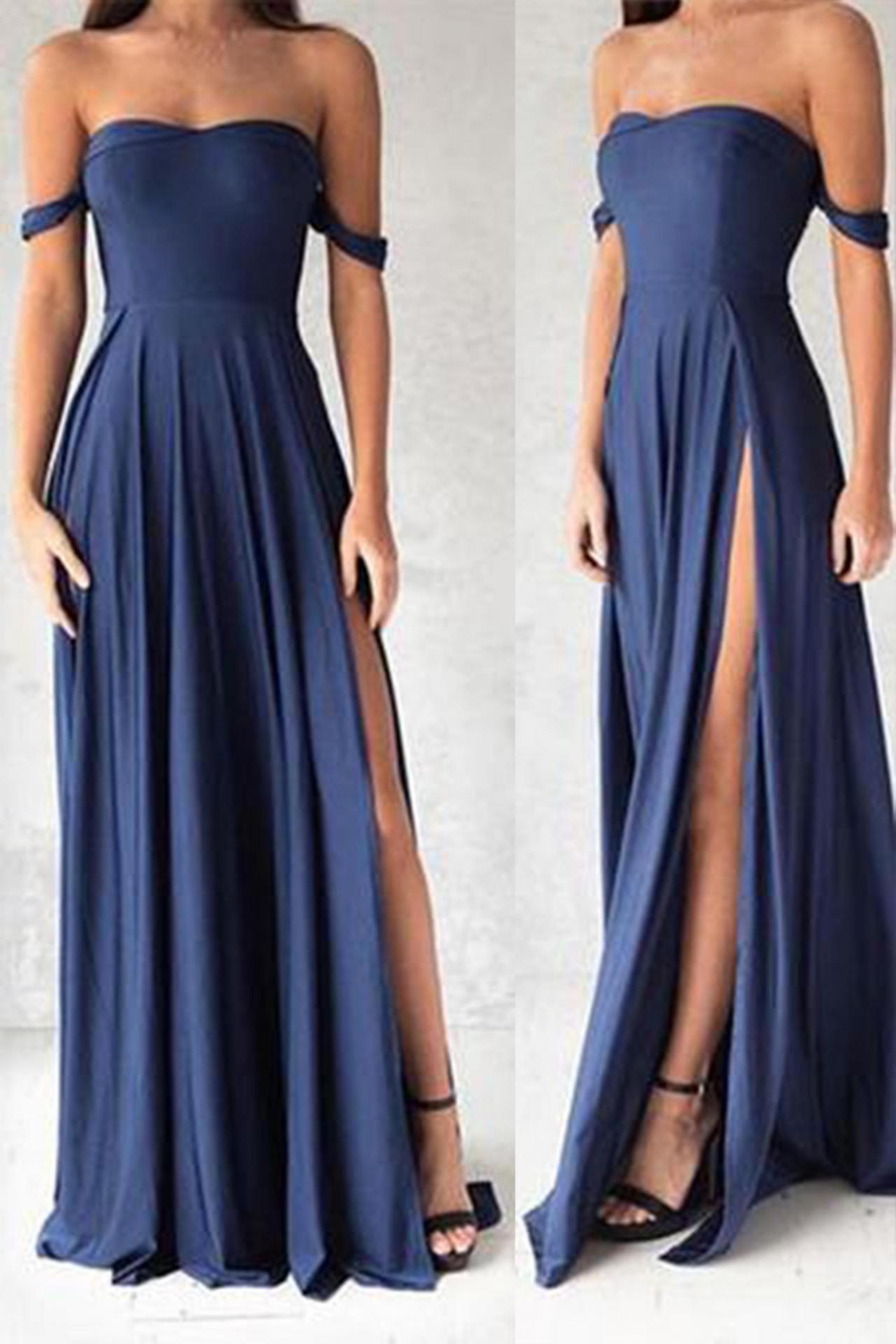 Sexy Blue Chiffon Off-shoulder Sweetheart A-line Long Prom Dress,simple Evening Dress