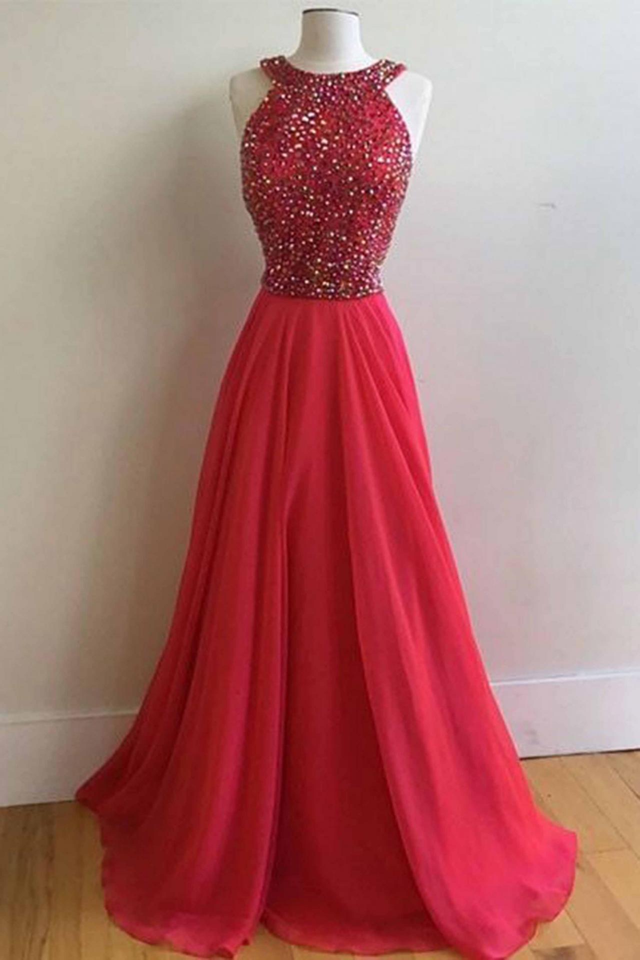 Red Chiffon Round Neck A-line Beading Prom Dresses,long Homecoming Dress