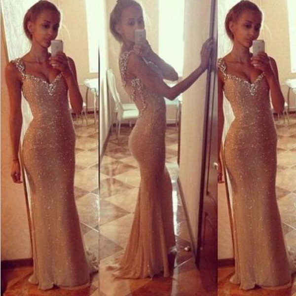 Prom Dresses,sexy Prom Dress,charming Sheath Straps Beaded Long Champagne Prom Dress