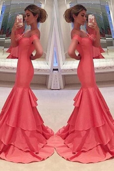 Prom Dresses,sexy Prom Dress,stunning Off Shoulder Short Sleeves Tiered Mermaid Prom Dress