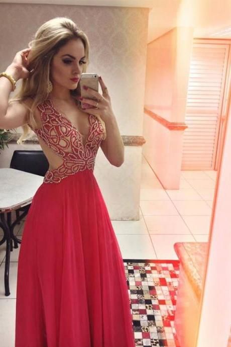 Prom Dresses,sexy Prom Dress,sexy Deep V-neck Backless Sleeveless Long Prom Dress With Beading