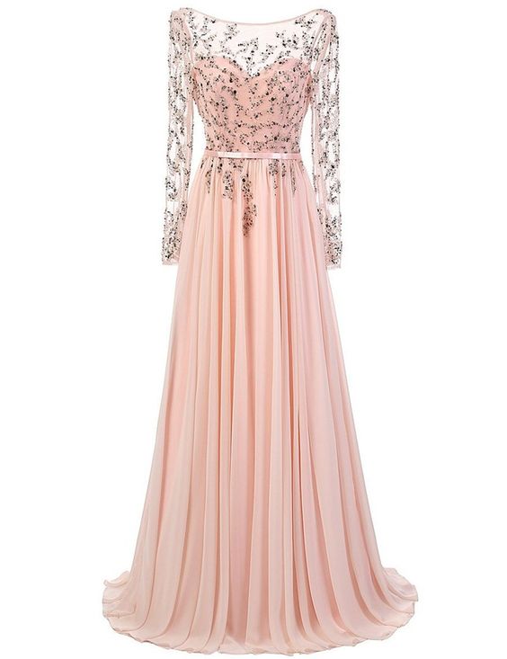 Prom Dresses,sexy Prom Dress,a-line Bateau Long Sheer Sleeves Backless Beading Long Prom Dress With Sash
