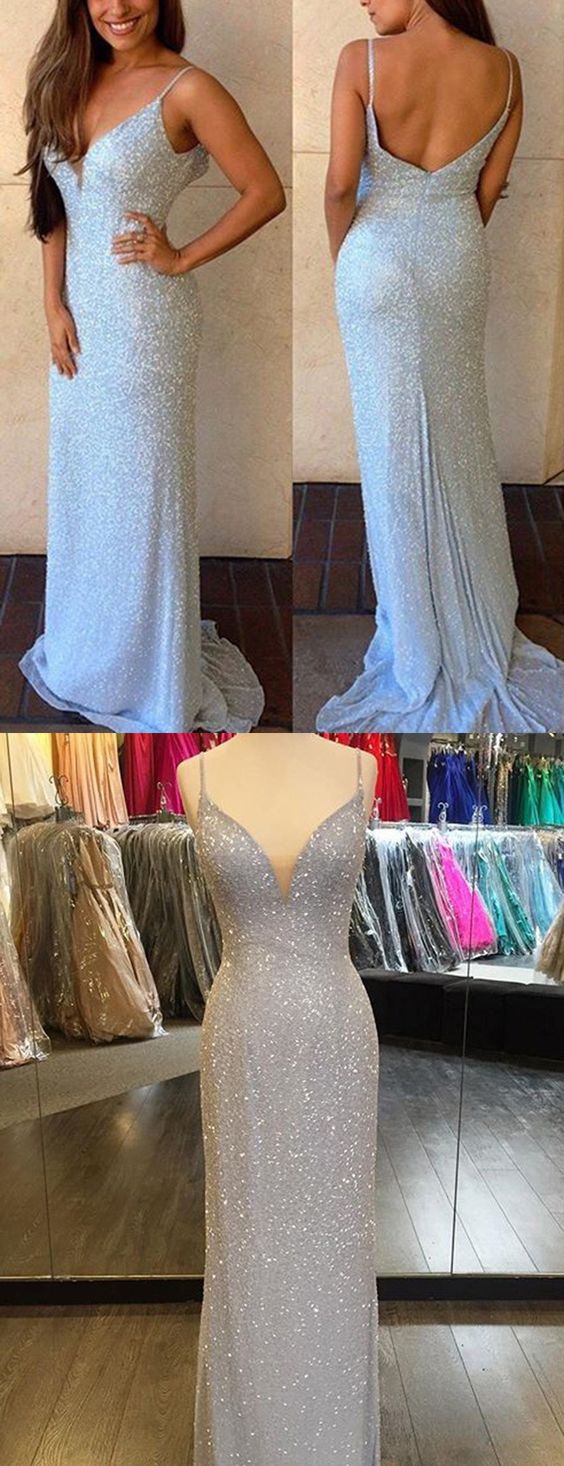 Prom Dresses,sexy Prom Dress,spaghetti Straps Prom Drseses, 2017 Prom Dresses, Open Back Prom Dresses, Blackless Prom Dresses, Silver Prom