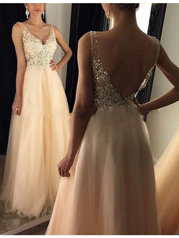 A-line Deep V-neck Backless Floor Length Prom Dress With Beading Appliques