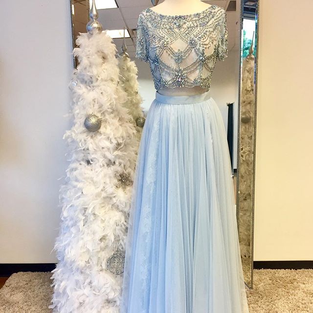 Sexy Prom Dress,2017 Beads Two Piece Prom Dress, Sparkly Long Prom Dress, Light Sky Blue Prom Dress, Pink Prom Dress, White Long Prom Dress