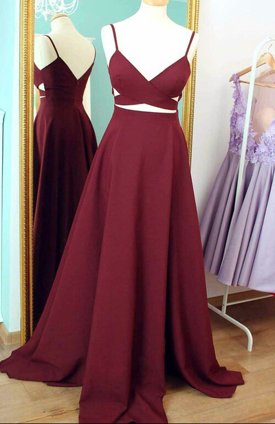 dark red two piece prom dress