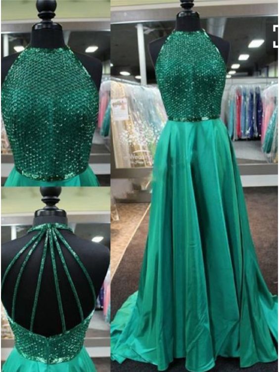 Prom Dresses 2017,delicate Round Neck Sweep Train Emerald Backless Prom Dress With Beading