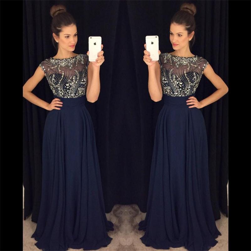 Prom Dresses,navy Blue Chiffon Prom Dresses 2017 Beading Crystal Sweep ...