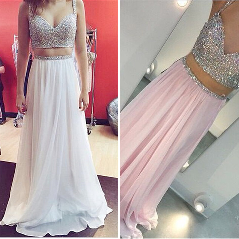 Two Piece Sexy Prom Dress,chiffon Pink Prom Dress,prom Party Dress