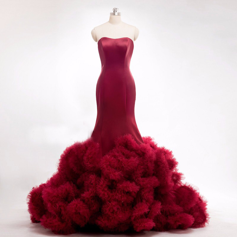 Burgundy Strapless Mermaid Floor-length Evening Dress, Prom Dress Featuring Dramatic Ruffled Skirt And Lace-up Back