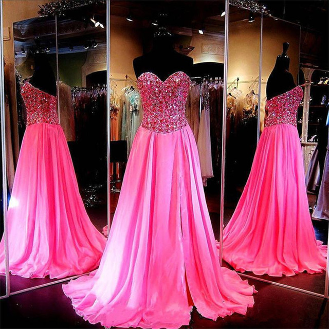 Crystal Prom Dress 2017 Sweetheart Sleeveless Sweep Train Chiffon With Beaded Evening Dress Formal Gown