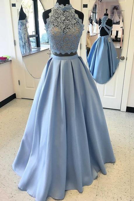 Two Piece High Neck Blue Satin Floor-length Criss-cross Straps Appliques Prom Dress, prom dresses 2017