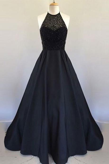 Halter Floor Length Black Prom Dress With Beading Pleated, Prom Dresses, Cute Long Party Dresses Beaded