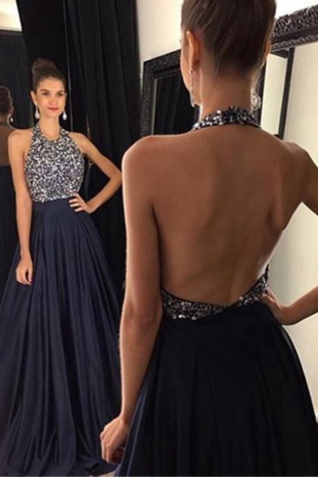 A-line Halter Sleeveless Sweep Train Backless Navy Blue Prom Dress With Beading, Prom Dresses