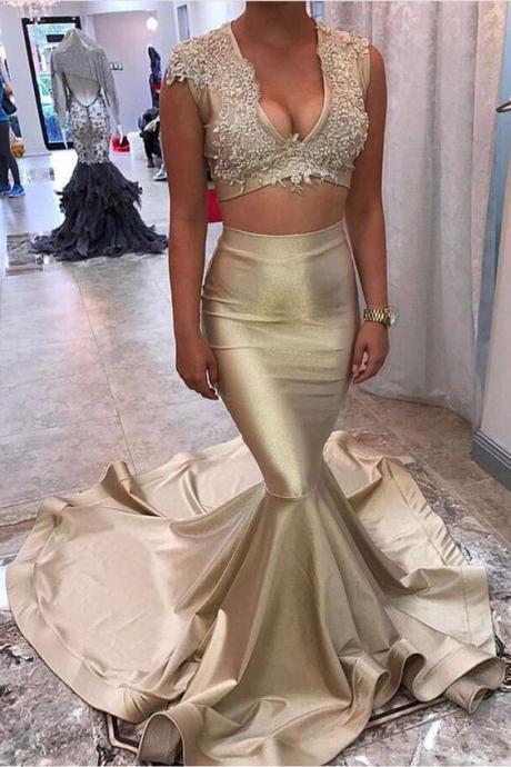 Mermaid 2 Pieces Prom Dresses, Champagne Evening Gowns With Appliques, Prom Dresses