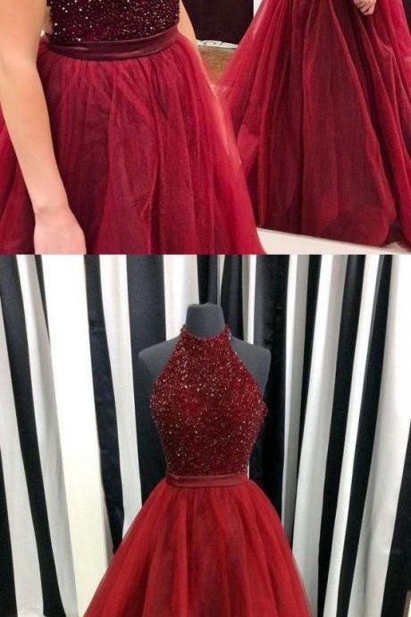 Prom Dresses, Long Prom Dresses, Halter Prom Party Dresses, Sexy Backless Evening Gowns, Evening Dresses With Beading