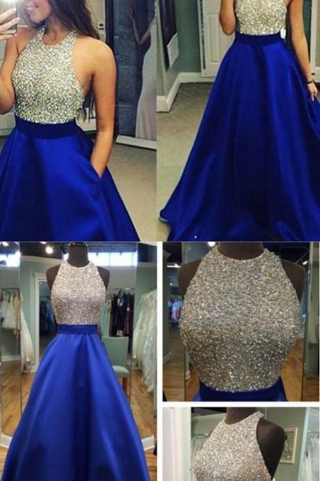 Prom Dresses, Long Prom Dresses, Royal Blue Backless Party Dresses, Halter Evening Gowns With Beading