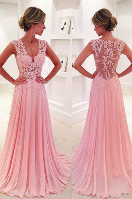 Prom Dresses, Long Prom Dresses, Pink Evening Gowns With Appliques, V-neck Party Dresses With Appliques