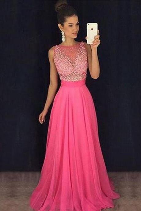 Chic Bateau Sleeveless Long Rose Pink Prom Dress With Beading Illusion Back, Rose Pink Prom Dresses