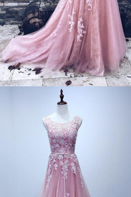 Prom Dresses, Pink Party Dresses, Prom Dresses With Train,pink Evening Gowns With Appliques, Prom Dresses With Lace