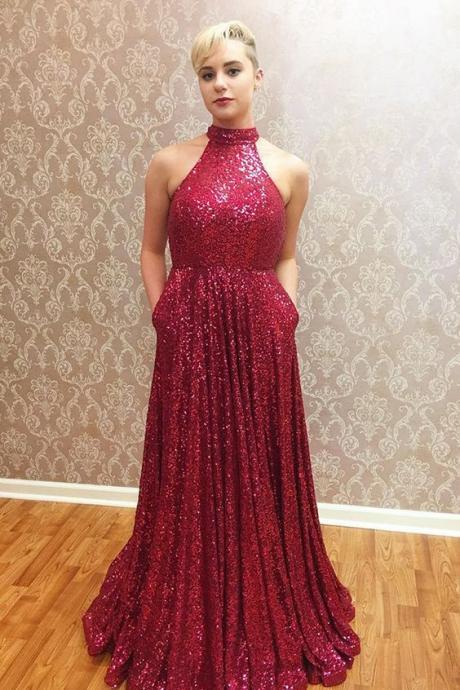 Sparkling Prom Party Dresses, Elegant Halter Evening Gowns, Full Sequined Prom Party Dresses, Red Long Evening Gowns