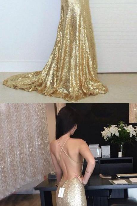 Sexy Backless Prom Dresses, Mermaid Gold Evening Dresses, Sparkle Prom Dresses, Vestidos