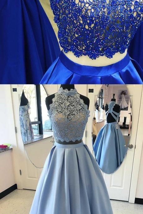 Prom Dresses, Elegant 2 Pieces Party Dresses With Beading, Fancy Halter Evening Gowns, Royal Blue Prom Dresses With Beading