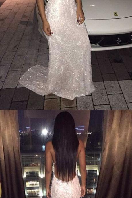 Prom Dresses, Mermaid White Prom Party Dresses, Deep V-neck Evening Gowns, Backless Party Dresses, Sexy Prom Dresses With Beading