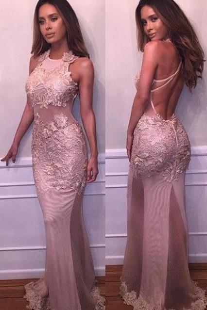 Prom Dresses, Blush Backless Prom Party Dresses, Backless Prom Party Dresses, Halter Evening Dresses With Appliques