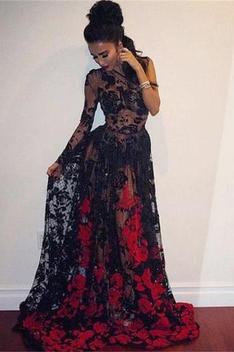 Sheer Black Lace One Shoulder Sweep Train Prom Dress With Appliques Prom Dresses