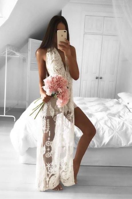 Sheath White Deep V-neck Split Floor-length Prom Dress With Lace