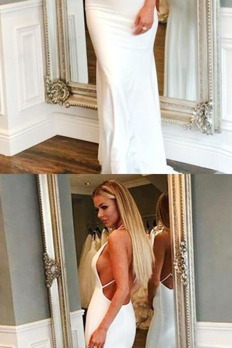 White Prom Party Dresses, Deep V-neck Evening Dresses, Sexy Backless Prom Dresses, Chic Halter Deep V-neck Long Prom Dresses