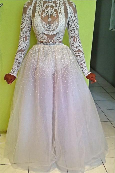 Long Prom Dresses, White Lace Evening Dresses, Sparkling Prom Party Dresses, Long Sleeves Prom Dresses With Beading, Prom Dresses
