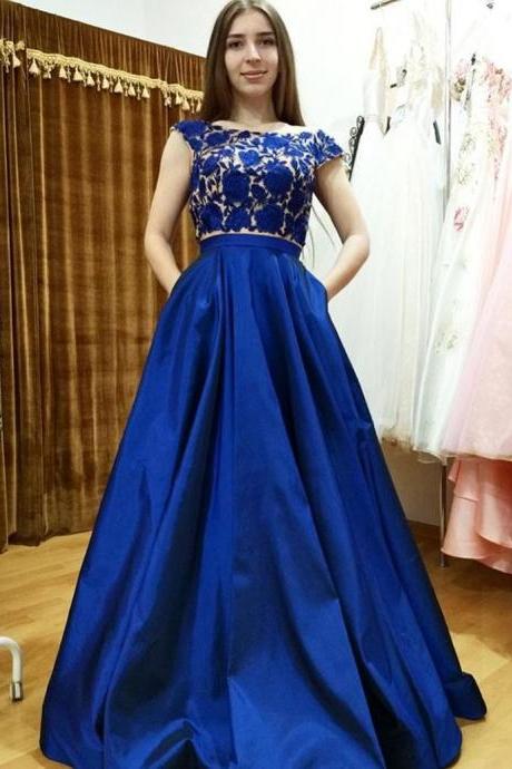 Modern Two Piece Bateau Cap Sleeves Floor Length Royal Blue Prom Dress with Appliques Pockets