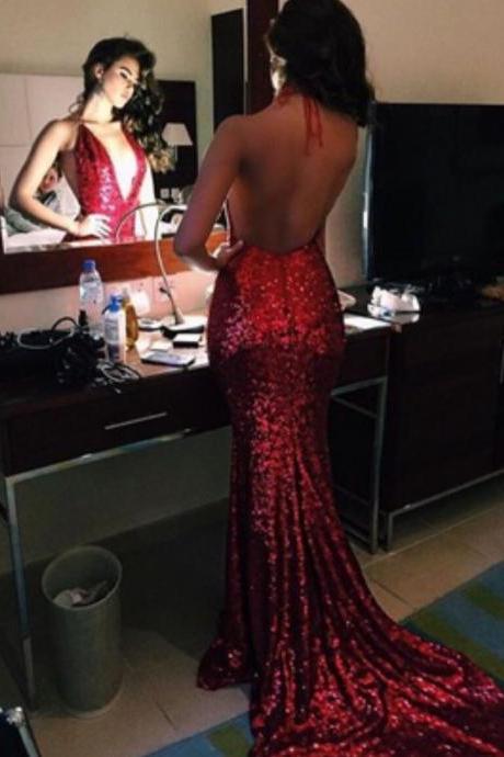 Mermaid Halter Sweep Train Sleeveless Backless Red Sequined Prom Dress